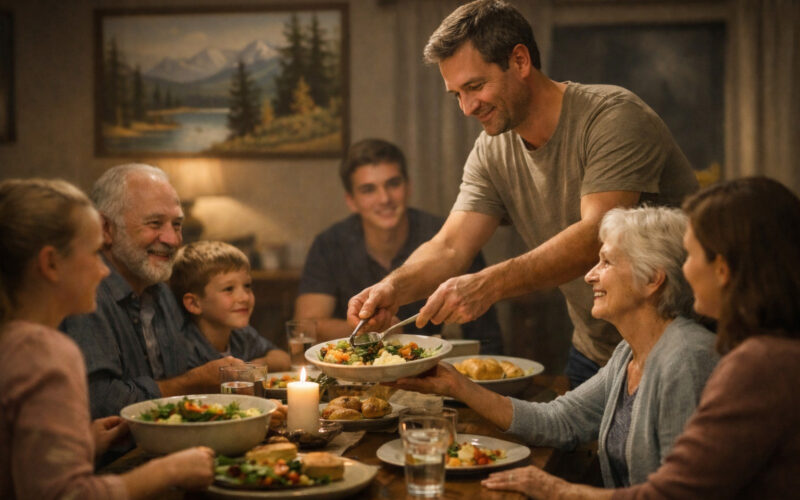 Familie sitzt am Esstisch. Ein Mann bedient sie.