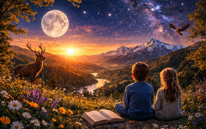 Junge und Mädchen beobachten staunend die Schöpfung