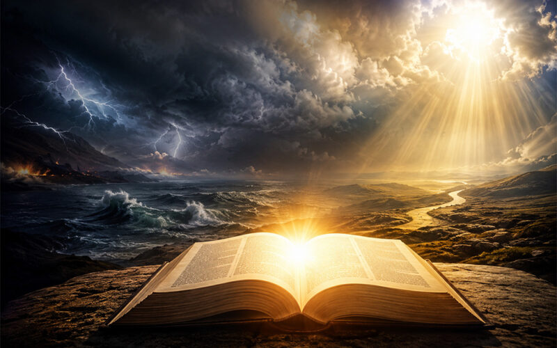 Alternativtext: Eine offene Bibel liegt auf einem Felsen und strahlt helles goldenes Licht aus. Im Hintergrund treffen dunkle Sturmwolken, Blitze und aufgewühltes Meer auf einen hell erleuchteten Himmel mit Sonnenstrahlen, die Hoffnung und göttliche Wahrheit symbolisieren.