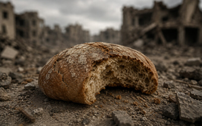 Ein angebissener Brotlaib liegt im Vordergrund auf staubigem Schutt. Im unscharfen Hintergrund sind zerstörte Gebäude unter einem grauen, bedrückenden Himmel zu sehen. Das Bild vermittelt Not, Hunger, Krieg und Verlassenheit.