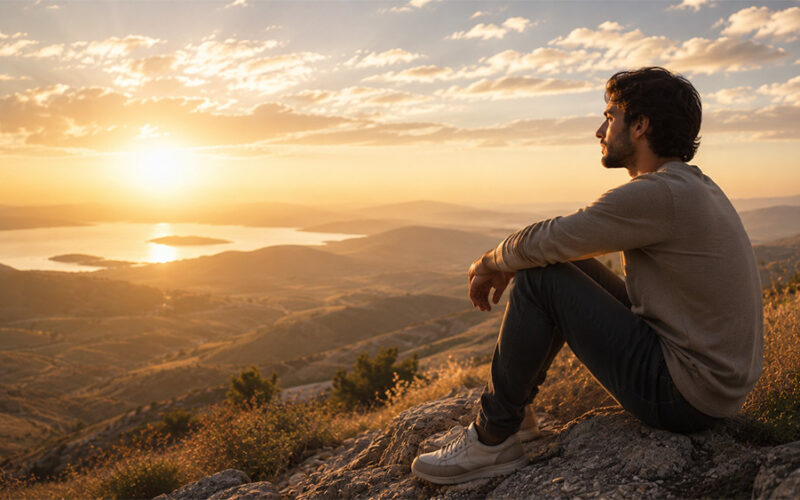 Ein Mann in zeitgemäßer, schlichter Kleidung sitzt ruhig auf einem Felsen und blickt bei Sonnenuntergang über eine weite Landschaft mit Hügeln und See. Das warme Licht und seine nachdenkliche Haltung vermitteln biblische Geduld, Vertrauen und inneren Frieden.