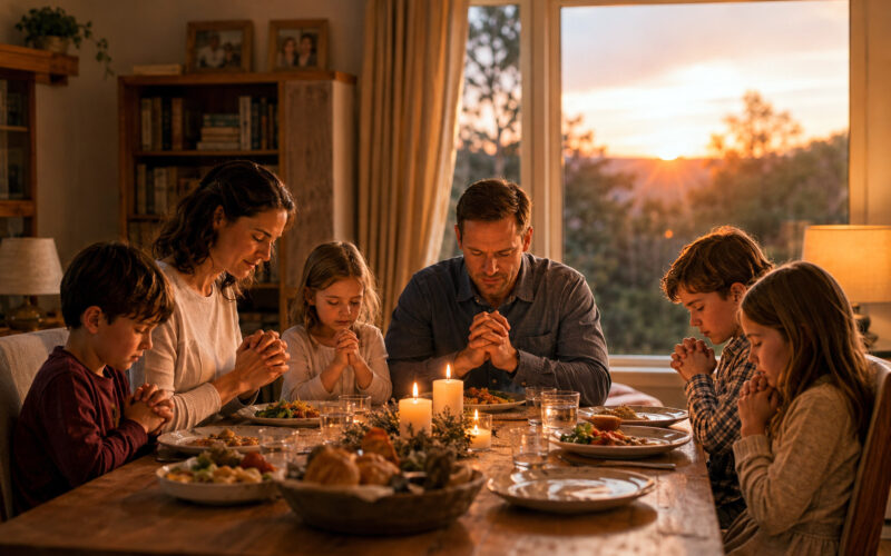 Eine Familie sitzt bei warmem Kerzenlicht an einem gedeckten Holztisch und betet gemeinsam vor dem Essen. Durch das große Fenster scheint ein goldener Sonnenuntergang und verleiht der Szene eine friedliche, geborgene Atmosphäre.