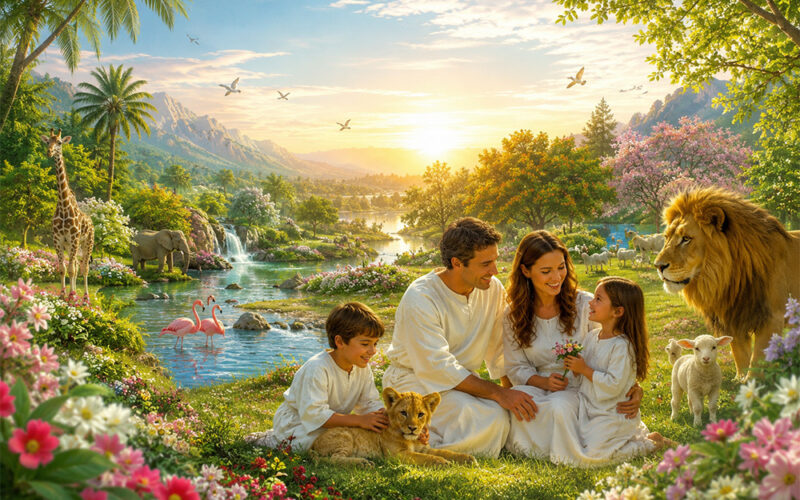 Paradiesische Landschaft mit einer Familie in weißen Gewändern, die friedlich auf einer Blumenwiese sitzt. Um sie herum sind zahme Tiere wie Löwe, Lamm, Giraffe und Elefant zu sehen. Im Hintergrund fließen klare Bäche durch eine grüne, blühende Landschaft unter warmem Sonnenlicht.
