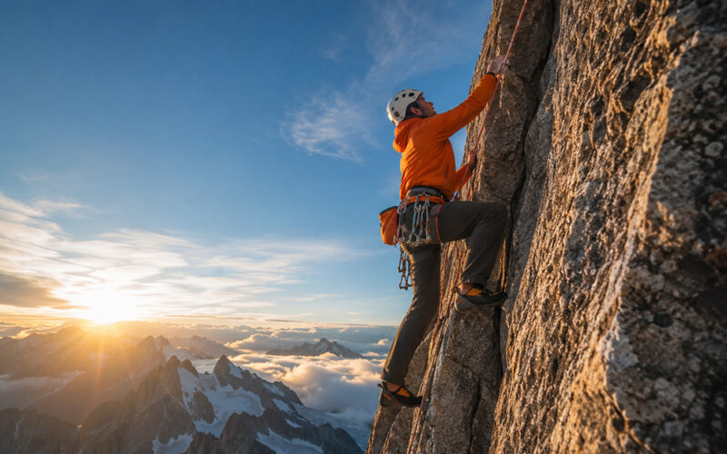 Ein Alpinist steigt mit Klettergurt und Seilsicherung eine steile Felswand empor. Hinter ihm liegen hohe Berggipfel über den Wolken im goldenen Morgenlicht. Die Szene vermittelt Entschlossenheit, Hoffnung und das Überwinden von Herausforderungen.
