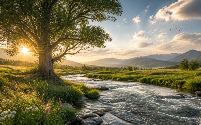 Mächtiger Baum an einem klaren Bach im warmen Morgenlicht als Sinnbild für Gottes Schöpfung