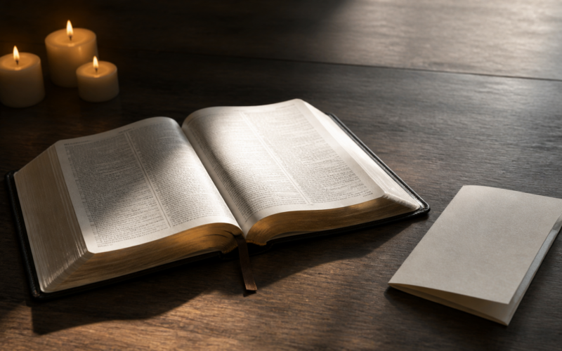 Alt-Text: Offene Bibel neben einem Flugblatt und drei Kerzen als Symbol für die Diskussion über die Trinitätslehre