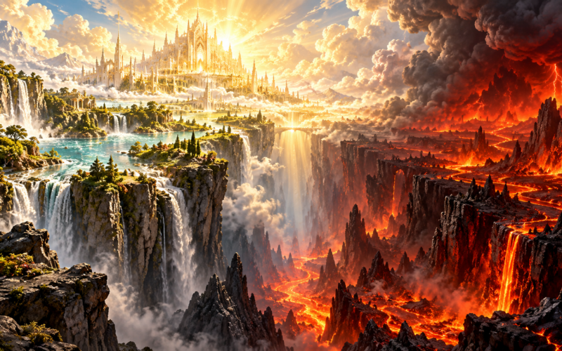 Strahlende Himmelsstadt mit grüner Landschaft und Wasserfällen gegenüber einer düsteren Höllenlandschaft mit Feuer und Lavaströmen, getrennt durch eine tiefe Schlucht.